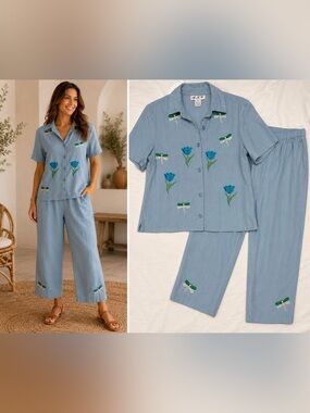 Vintage A.K.C. Linen Blend Embroidered Dragonfly Floral 2 Pc Capri Set Size M
